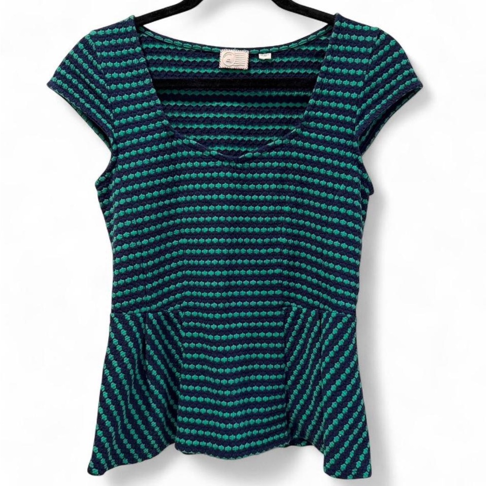 Postmark Anthropologie Green and Navy Textured Peplum Top-Size S - Picture 1 of 5